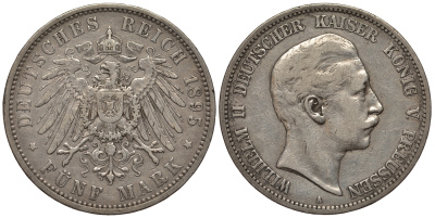 Пруссия 5 марок 1895 Вильгельм II (1888-1918) KM 523, J. 104 серебро 1066-5-24