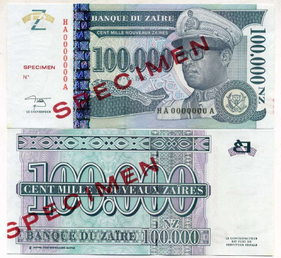 Заир 100000 новых заиров 1996 Мобуту Сесе Секо в военной форме, голубая. Образец, Specimen Pick 76A s бумага UNC (пресс) 448-36-3
