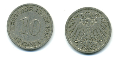 ГЕРМАНИЯ 10 ПФЕННИГОВ 1892 A KM 12, J. 13 медно-никель 54-454
