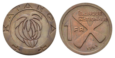 Катанга 1 франк 1961 Заир, балубский крест, связка бананов KM 1 бронза 4675-1221