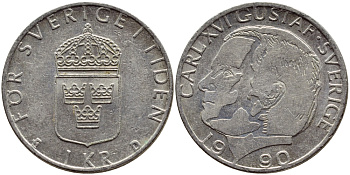 Швеция 1 крона 1990 Карл XVI Густав (1973- ) KM 852a медно-никель 4398-1222