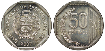 Перу 50 сентимо 2007 KM 307.4 медно-никель aUNC 4605-314