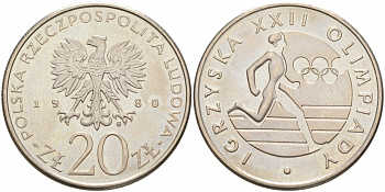 Польша 20 злотых 1980 MW, XXII летние Олимпийские Игры, Москва 1980, бегун KM 108, Parchimowicz 252 медно-никель UNC 73-442