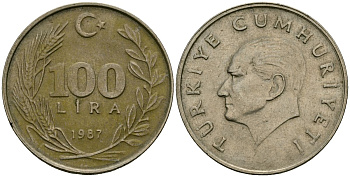 Турция 100 лир 1987 KM 967 медь цинк никель 115-633