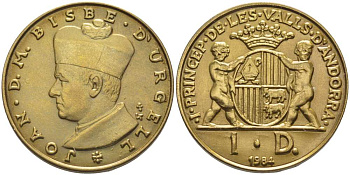 Андорра 1 динер 1984 ЕПИСКОП УРХЕЛЬСКИЙ ИОАНН I, тираж 7500 экз. KM 15 медь цинк UNC 00-00