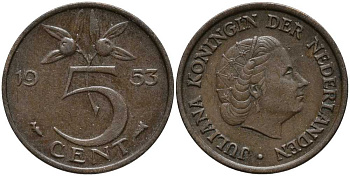 Нидерланды 5 центов 1953 Юлиана (1948-1980) KM 181 бронза 113-655