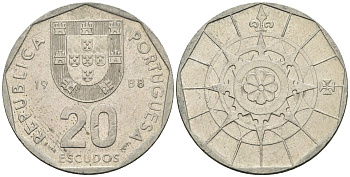Португалия 20 эскудо 1988 KM 634 медно-никель 4148-524