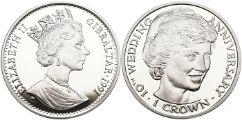 Гибралтар 1 крона 1991 10 лет королевской свадьбы, принцесса Диана, в оригинальной коробке, с сертификатом KM 85а серебро PROOF 3-4-3-34