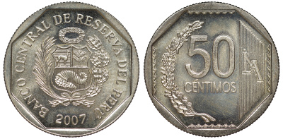 Перу 50 сентимо 2007 KM 307.4 медно-никель aUNC 4605-314