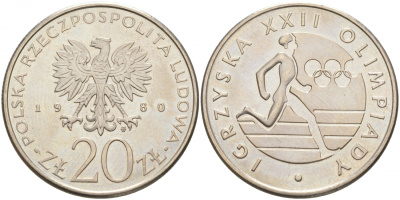 Польша 20 злотых 1980 MW, XXII летние Олимпийские Игры, Москва 1980, бегун KM 108, Parchimowicz 252 медно-никель UNC 73-442