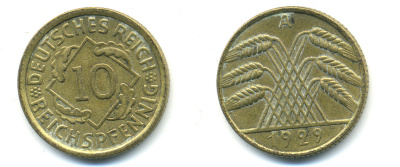 ГЕРМАНИЯ 10 РЕЙХСПФЕННИГОВ 1929 A, KM 40, J. 317 алюминиевая бронза 76-724