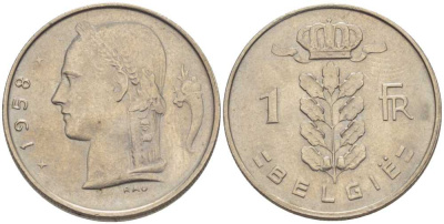 Бельгия 1 франк 1958 Belgie, Бодуэн I (1951-1993) KM 143.1 медно-никель 202-956