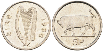 Ирландия 5 пенсов 1996 бык KM 28 медно-никель UNC 4580-937