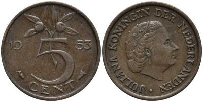 Нидерланды 5 центов 1953 Юлиана (1948-1980) KM 181 бронза 113-655