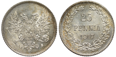 Россия для Финляндии 25 пенни 1917 S, временное правительство, без короны KM 19, Биткин 2 серебро 75-1511