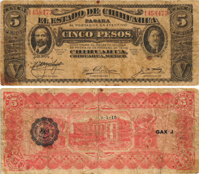 Мексика, Революция 5 песо 1915 штат Чиуауа, синяя зубчатая печать Pick S532A бумага 6278-59-2