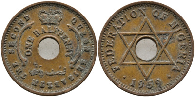 Нигерия 1/2 пенни 1959 Елизавета II (1952-), Британский протекторат KM 1 бронза 4387-227