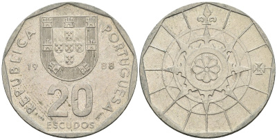 Португалия 20 эскудо 1988 KM 634 медно-никель 4148-524