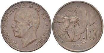 ИТАЛИЯ 10 ЧЕНТЕЗИМО 1930 R, МОНДВОР РИМ, ВИКТОР ЭММАНУИЛ III (1900-1946) KM 60 медь 4525-317