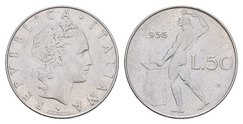 Италия 50 лир 1956 R, бог огня Вулкан у наковальни KM 95.1 нержавеющая сталь 4150-1112