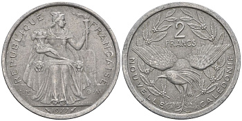 Французская Новая Каледония 2 франка 1977 птица кагу, (IEOM) KM 14, Schoen 11, Lec 58 алюминий    08-813