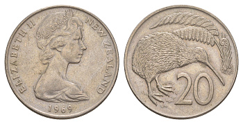 Новая Зеландия 20 центов 1969 Елизавета II (1952-2022), птичка киви KM 36.1 медно-никель 4182-747