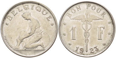 Бельгия 1 франк 1923 Belgique, Альберт I (1909-1934) KM 89 никель 4546-224