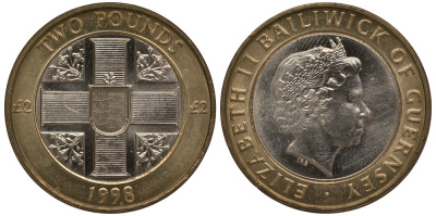 Гернси 2 фунта 1998 КРЕСТ KM 83 биметалл UNC M1-13