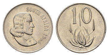 ЮАР 10 центов 1966 Ян ван Рибек (1619-1677), South Africa, легенда на африкаанс, цветок алоэ KM 68.1 никель 4687-327