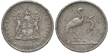 ЮАР 5 центов 1971 герб, райский журавль KM 84 никель 62-1156