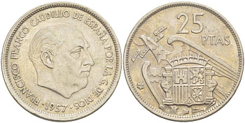 ИСПАНИЯ 25 ПЕСЕТ 1957 (69) ФРАНСИСКО ФРАНКО ДИКТАТОР ИСПАНИИ (1939-1975) KM 787 медно-никель 215-426