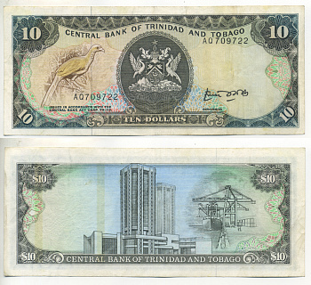 ТРИНИДАД И ТОБАГО 10 ДОЛЛАРОВ 1985 ПОДПИСЬ 4 Pick 38а бумага 3295-110-1