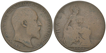 Великобритания 1/2 пенни 1906 Эдуард VII (1901-1910) KM 793.2, Spink 3991 бронза 4616-716