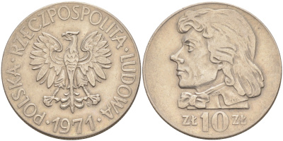 ПОЛЬША 10 ЗЛОТЫХ 1971 MW, ТАДЕУШ КОСТЮШКО KM 50a медно-никель 4111-243
