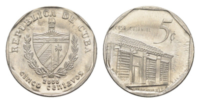 Куба 5 сентаво 2000 Casa Colonial KM 575.2, Schoen 713, JMA MC19 сталь плакированная никелем UNC 4651-524