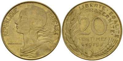 Франция 20 сантимов 1975 тип Marianne KM 930 алюминиевая бронза 4390-1233