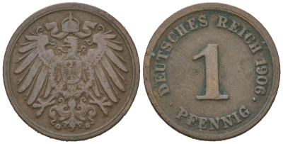Германия 1 пфенниг 1906 G, Вильгельм II (1888-1918) KM 10, J. 10, Weege 2 медь 4615-223