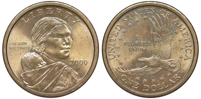 США 1 доллар 2000 Р, индианка Сакагавея KM 310 медь с марганцево-латунным покрытием aUNC 4531-225