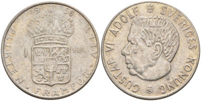 Швеция 1 крона 1958 TS, Густав VI Адольф (1950-1973) KM 826 серебро 4148-1157