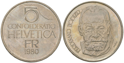Швейцария 5 франков 1980 Фердинанд Ходлер - художник KM 59 медно-никель  BUNC  4593-1243