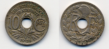 ФРАНЦИЯ 10 САНТИМОВ 1926 ТИП ЛИНДАЙЁ KM 866а, LE FRANC 138.13 медно-никель 4388-844