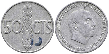 ИСПАНИЯ 50 СЕНТИМО 1966 ФРАНСИСКО ФРАНКО ДИКТАТОР ИСПАНИИ (1939-1975) KM 795 алюминий 105-1121