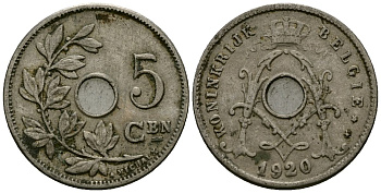 Бельгия 5 сантимов 1920 Belgie KM 67 медно-никель 4173-218