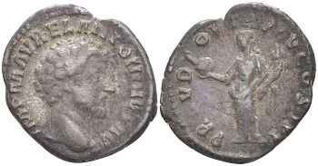 Римская Империя денарий 161 Марк Аврелий, голова императора, IMP M AVREL ANTONINVS AVG / Провиденция, персонификация Божественного Предвидения, PROV DEOR TR P XV COS III, Рим, 1073-14-104