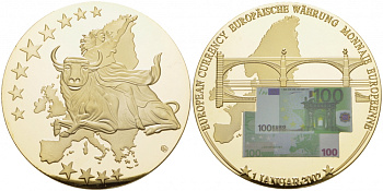 ЕВРОПА МЕДАЛЬ 2002 БАНКНОТА В 100 ЕВРО НА ФОНЕ МОСТА, ДИАМЕТР 50 ММ. Вес 54 гр.позолота медно-никель PROOF 01-235-42