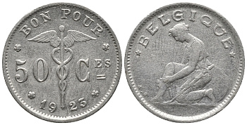 БЕЛЬГИЯ 50 САНТИМОВ 1923 BELGIQUE KM 87 никель 4387-657