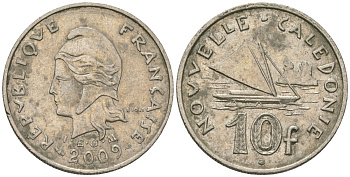 Французская Новая Каледония 10 франков 2009 рыбачья парусная лодка, (IEOM) KM 11a, Schoen 13a, Lec 99k медно-никель 62-1145