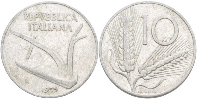 ИТАЛИЯ 10 ЛИР 1955 R, ПЛУГ, КОЛОСЬЯ KM 93 алюминий 175-356