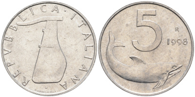 Италия 5 лир 1998 R, дельфин KM 92 алюминий  UNC  4594-938