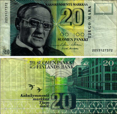 Финляндия 20 марок 1993 Вяйнё Линна Pick 122 бумага 7203-65-3-1